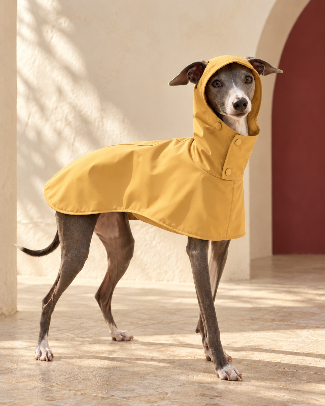 Hooded Wraparound Iggy Rain Cape in Mustard Yellow, worn by an Italian Greyhound