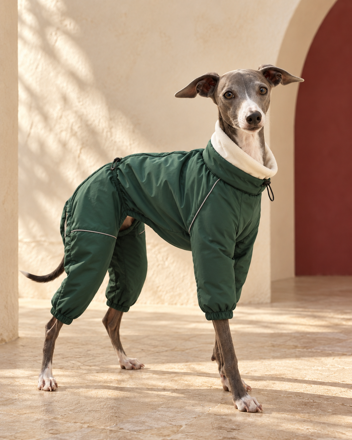 Four-Leg Iggy Winter Anorak in Green, worn by an Italian Greyhound