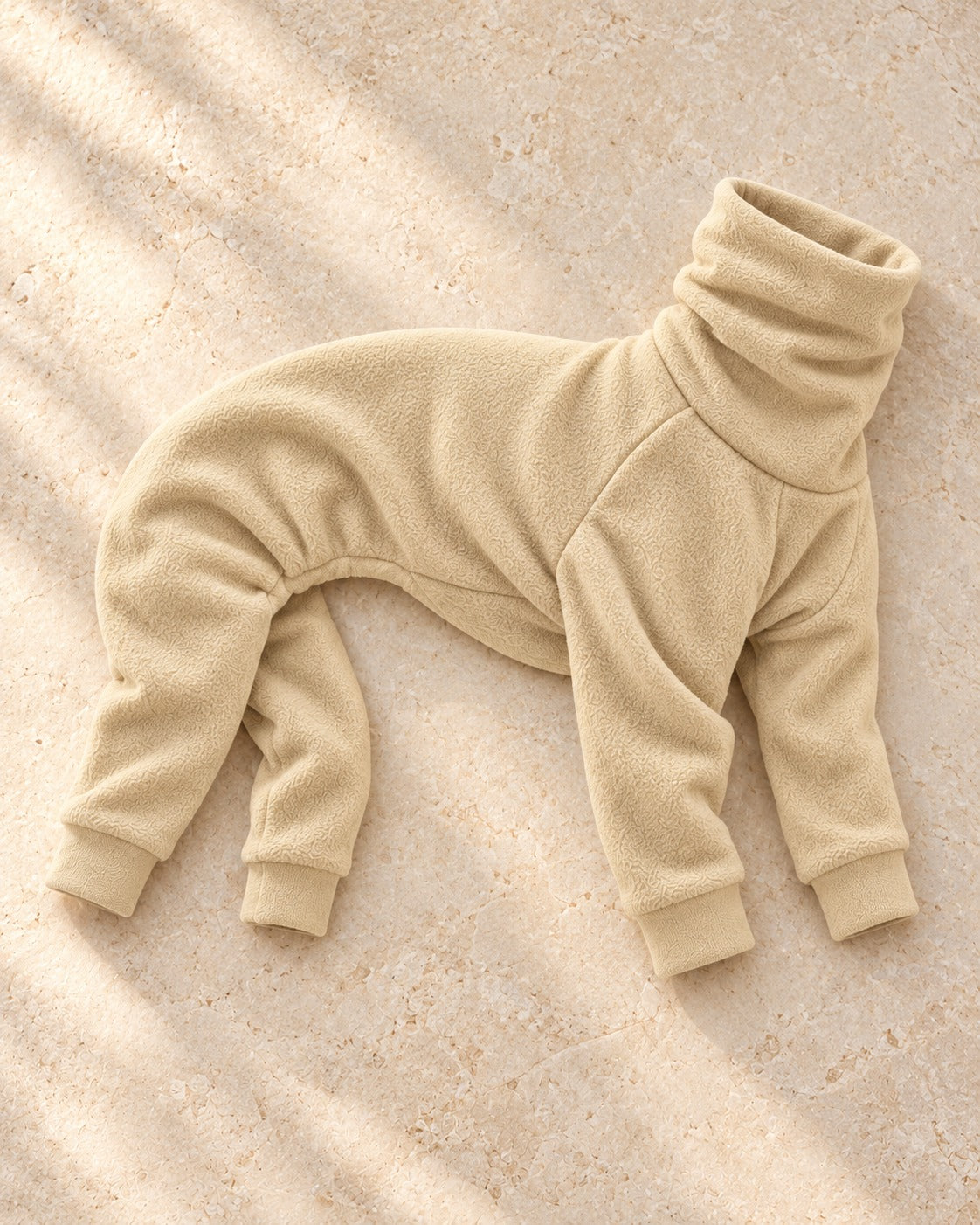 Sand Fleece Four-Leg Iggy Suit in Beige, garment detail