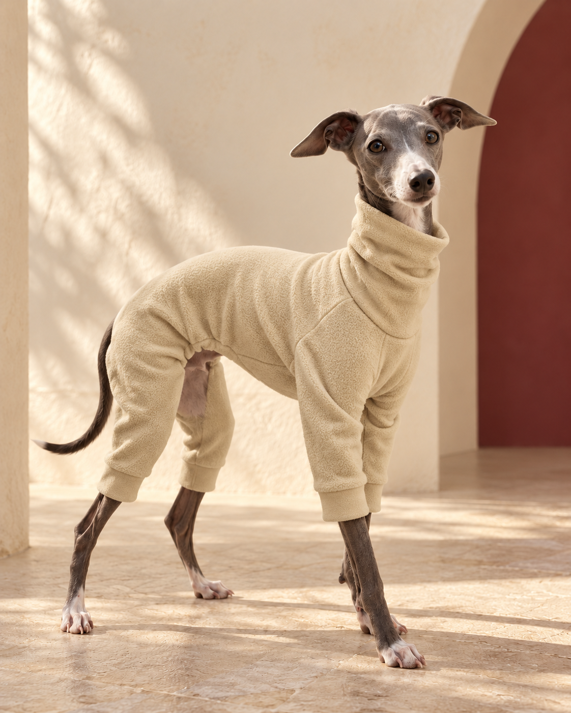 Sand Fleece Four-Leg Iggy Suit in Beige, worn by an Italian Greyhound