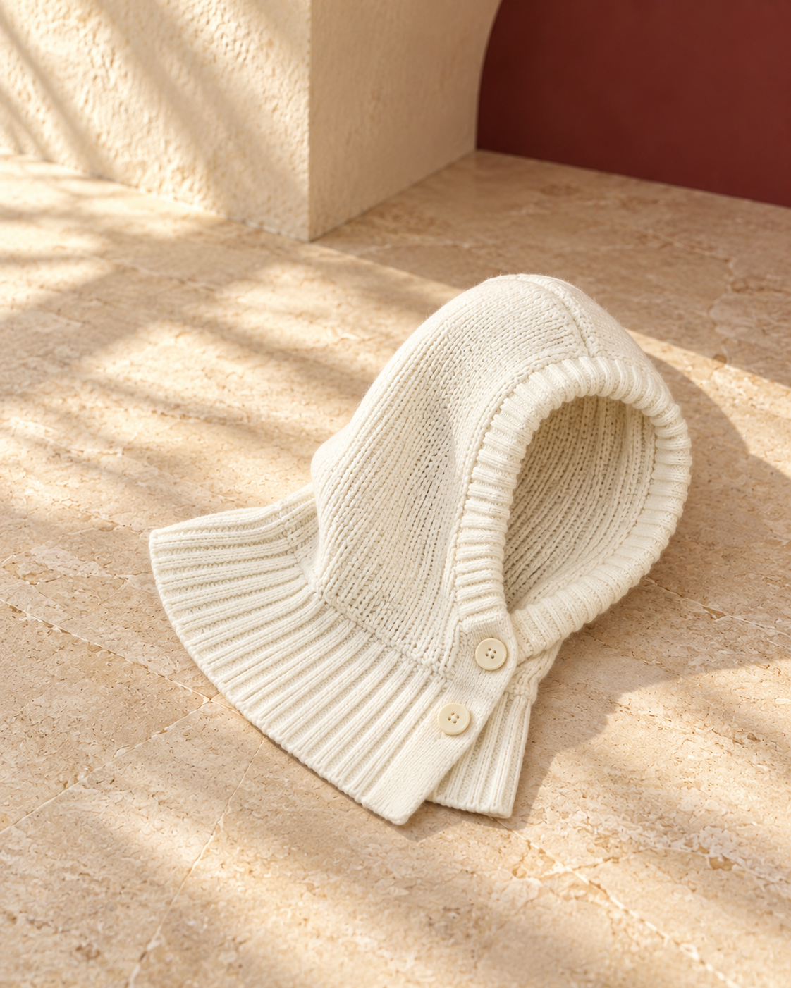 Button-Front Knit Iggy Hood in White, garment detail