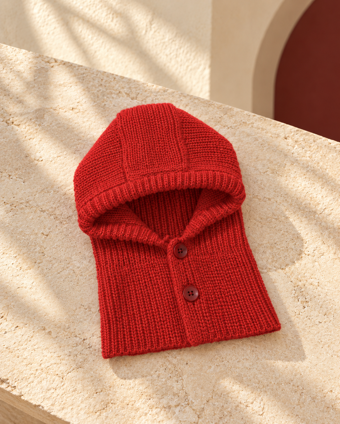 Button-Front Knit Iggy Hood in Red, garment detail