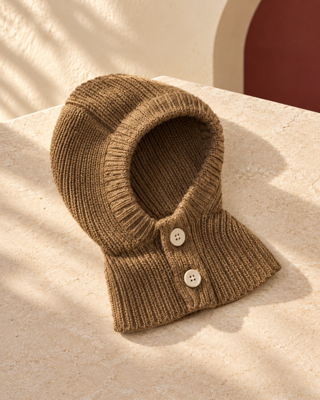 Button-Front Knit Iggy Hood in Brown, garment detail