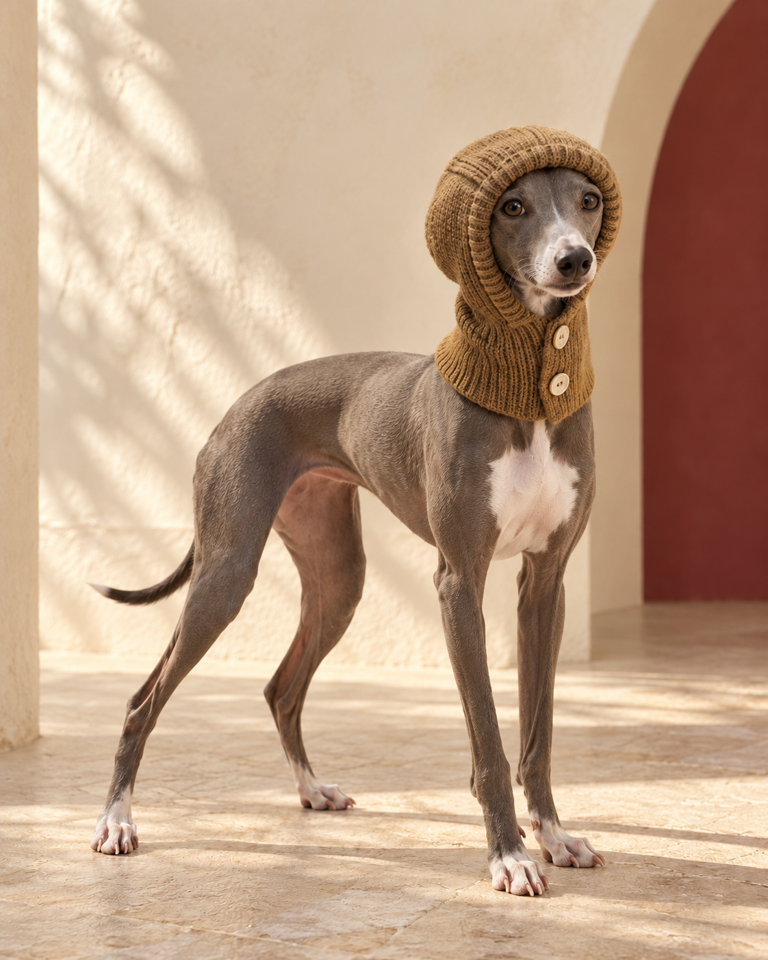 Button-Front Knit Iggy Hood in Brown, worn by an Italian Greyhound