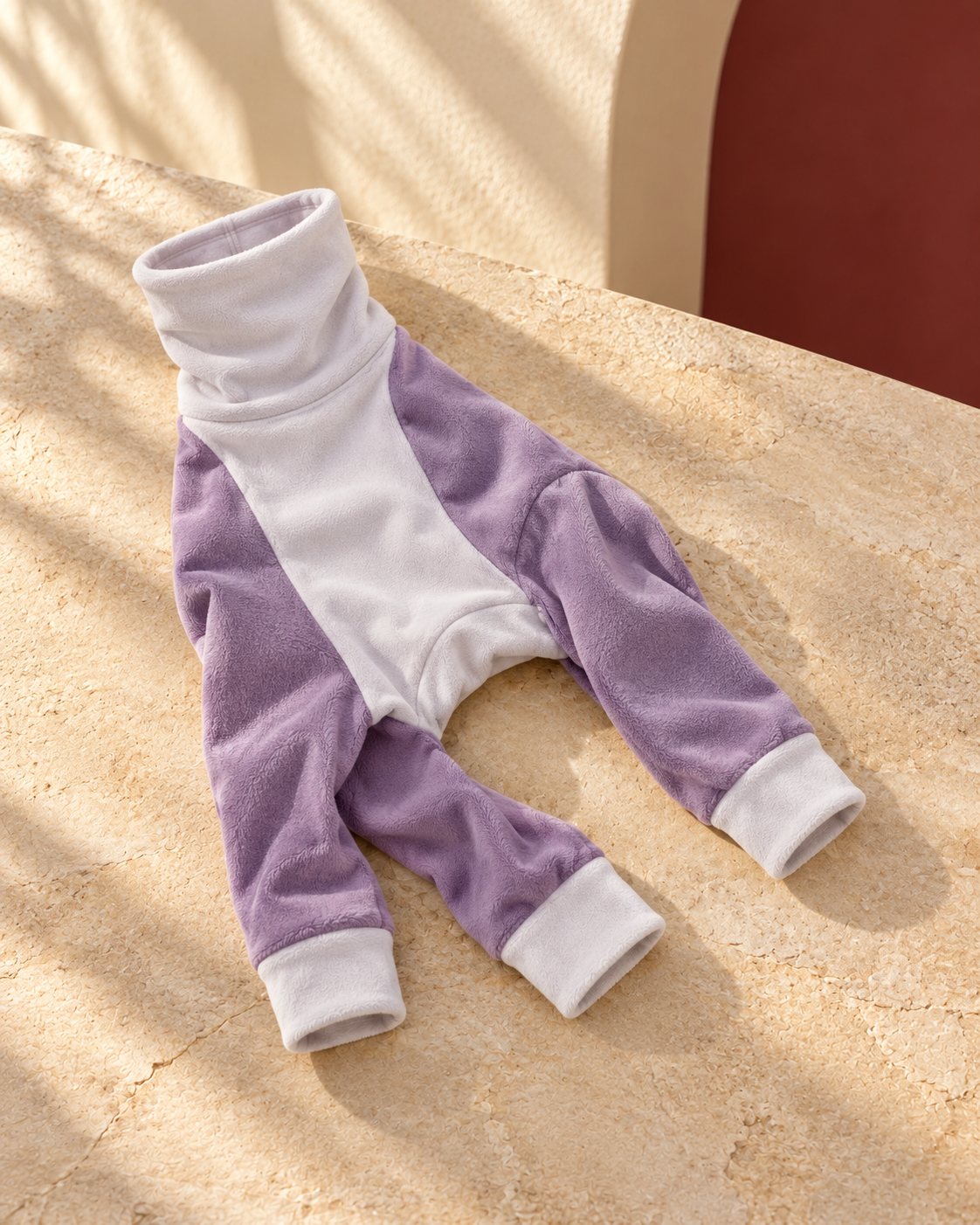 Colourblock High-Neck Iggy Onesie in Purple, garment detail
