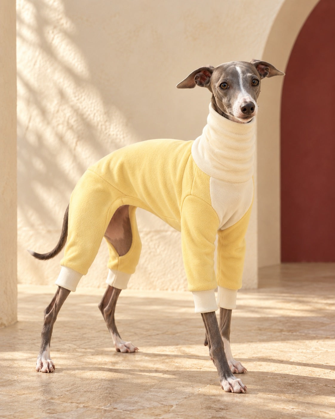 Colourblock High-Neck Iggy Onesie in Yellow, worn by an Italian Greyhound