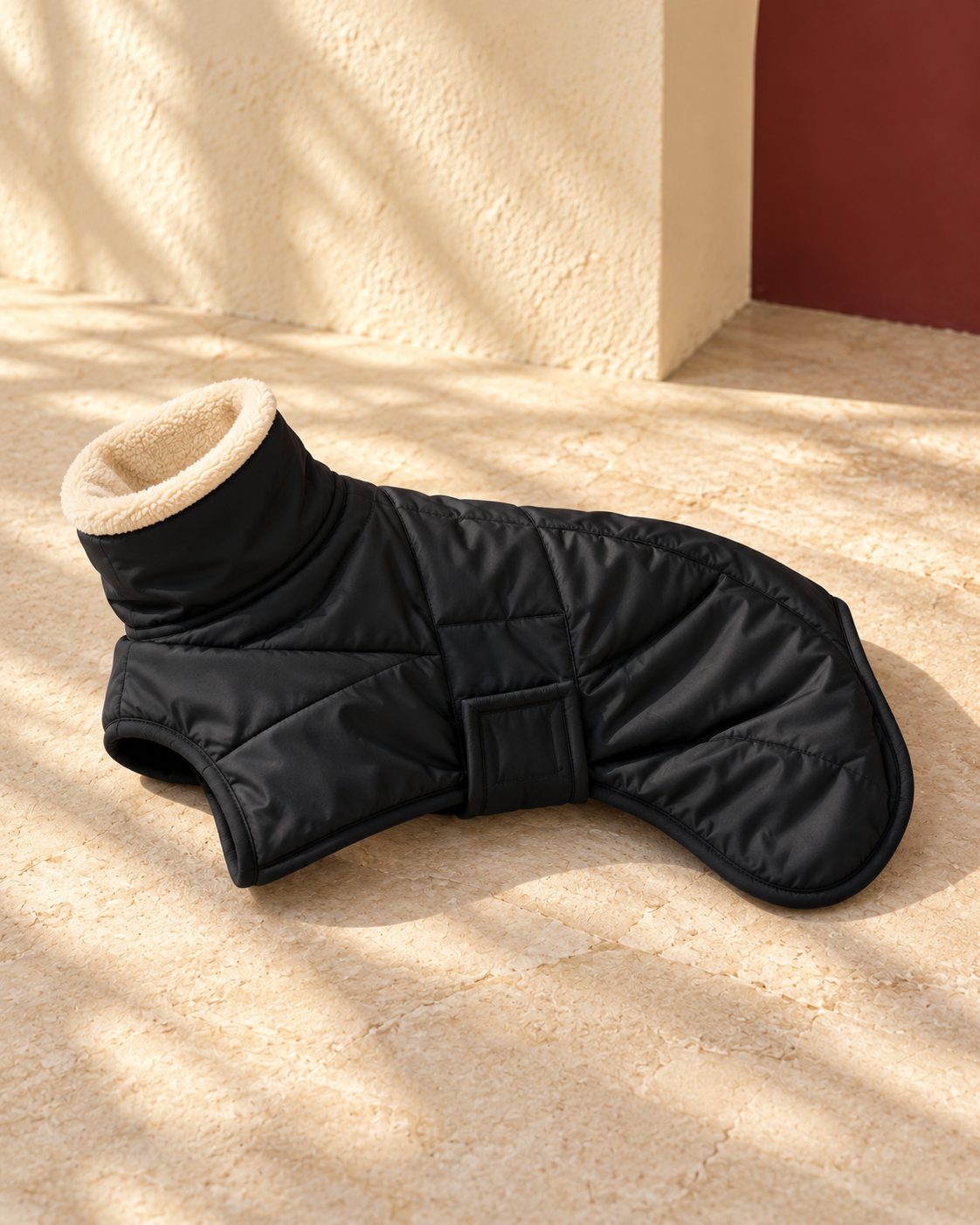 Wrap-Front Padded Iggy Coat in Black, garment detail