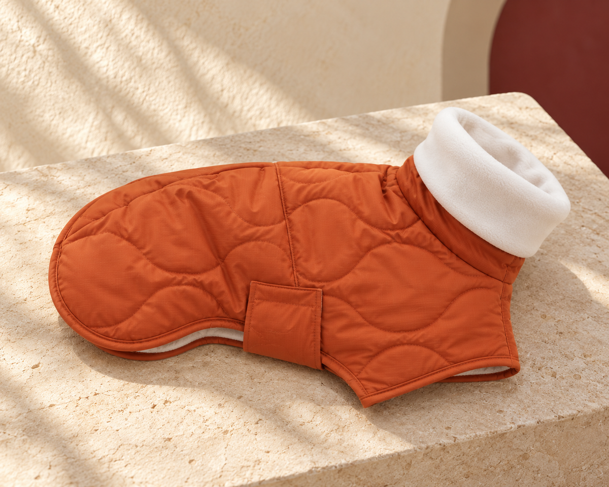 Wrap-Front Padded Iggy Coat in Orange, garment detail