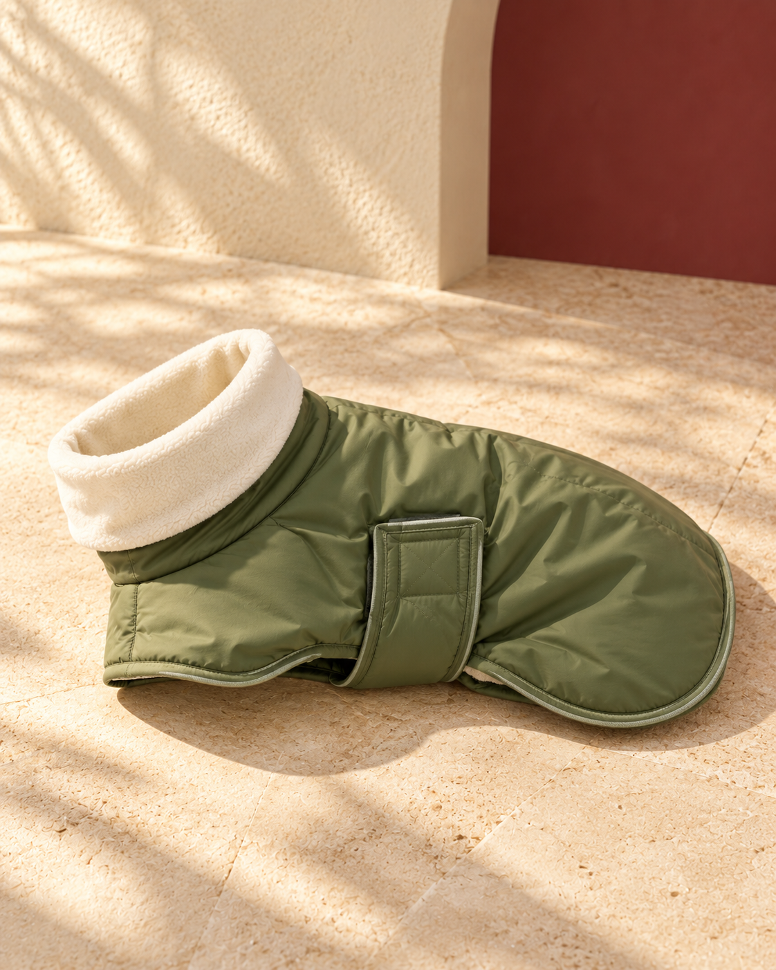 Wrap-Front Padded Iggy Coat in Olive Green, garment detail