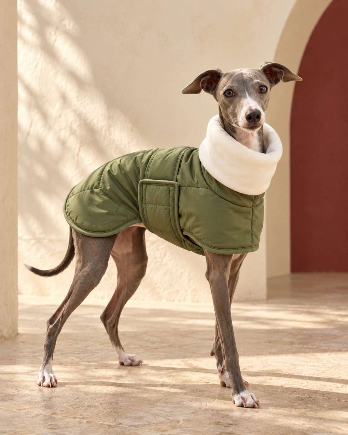 Wrap-Front Padded Iggy Coat in Olive Green, worn by an Italian Greyhound