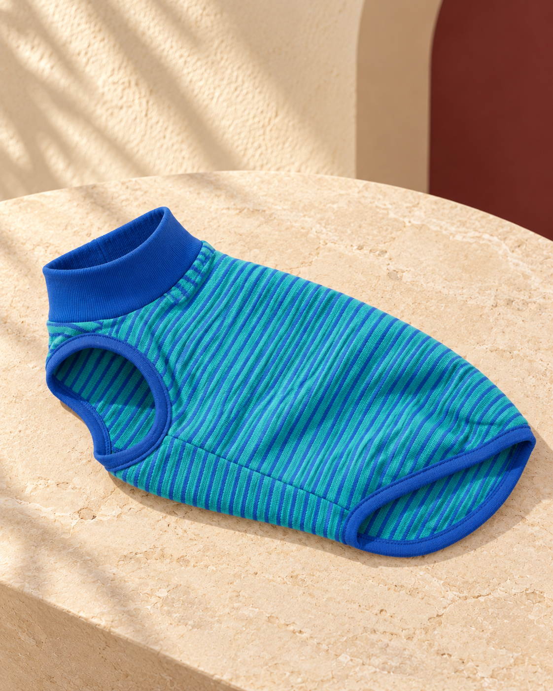 Teal Stripe Sleeveless Iggy Top in Teal Blue, garment detail