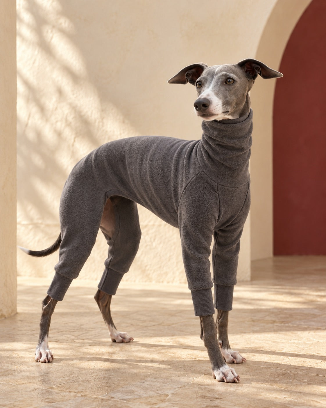 Soft High-Neck Four-Leg Iggy Base Layer in Dark Grey, worn by an Italian Greyhound