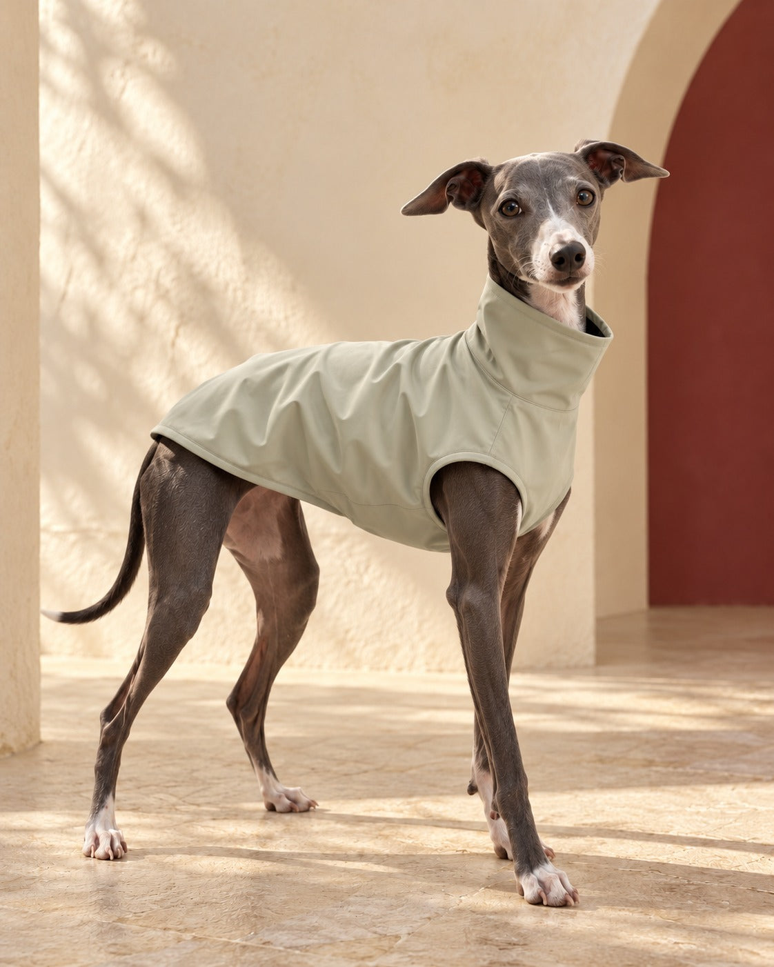 Minimal High-Neck Iggy Shell Vest in Pale Sage, worn by an Italian Greyhound