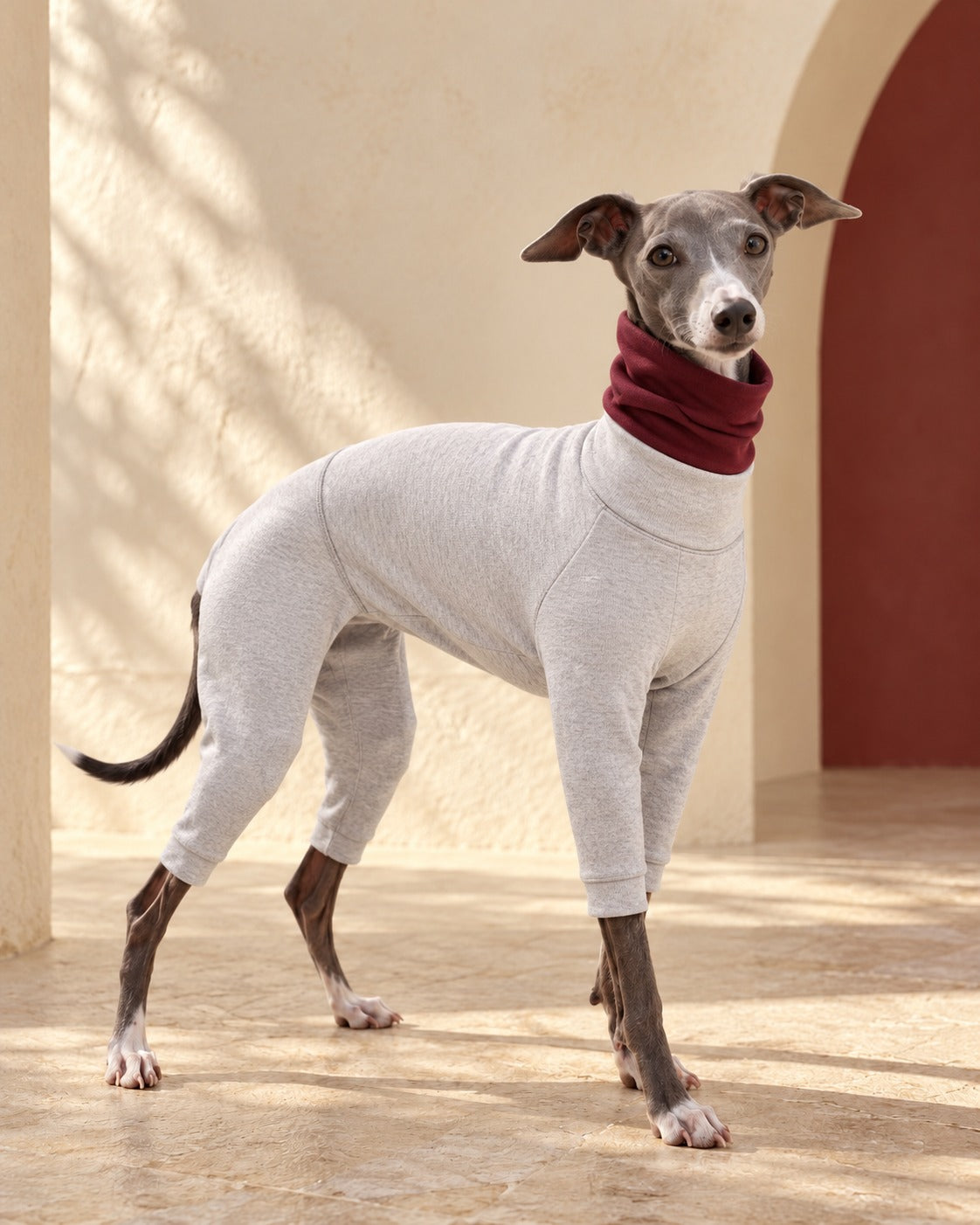 Covered-Belly Four-Leg Iggy Base Layer in Light Heather Grey, worn by an Italian Greyhound