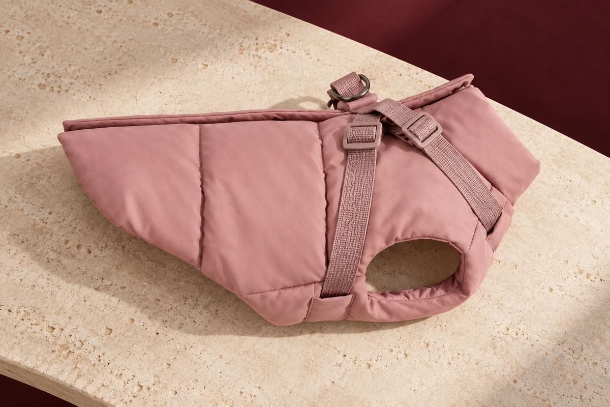Dusty Pink padded Italian Greyhound coat with built-in harness, product view