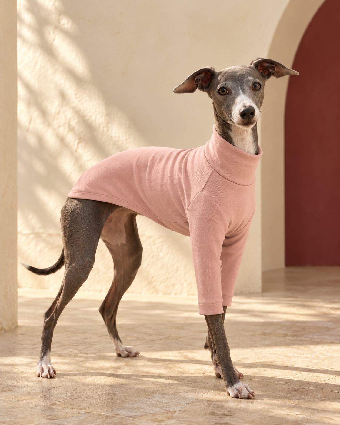 Everyday Iggy Turtleneck Base Layer in Pink, worn by an Italian Greyhound