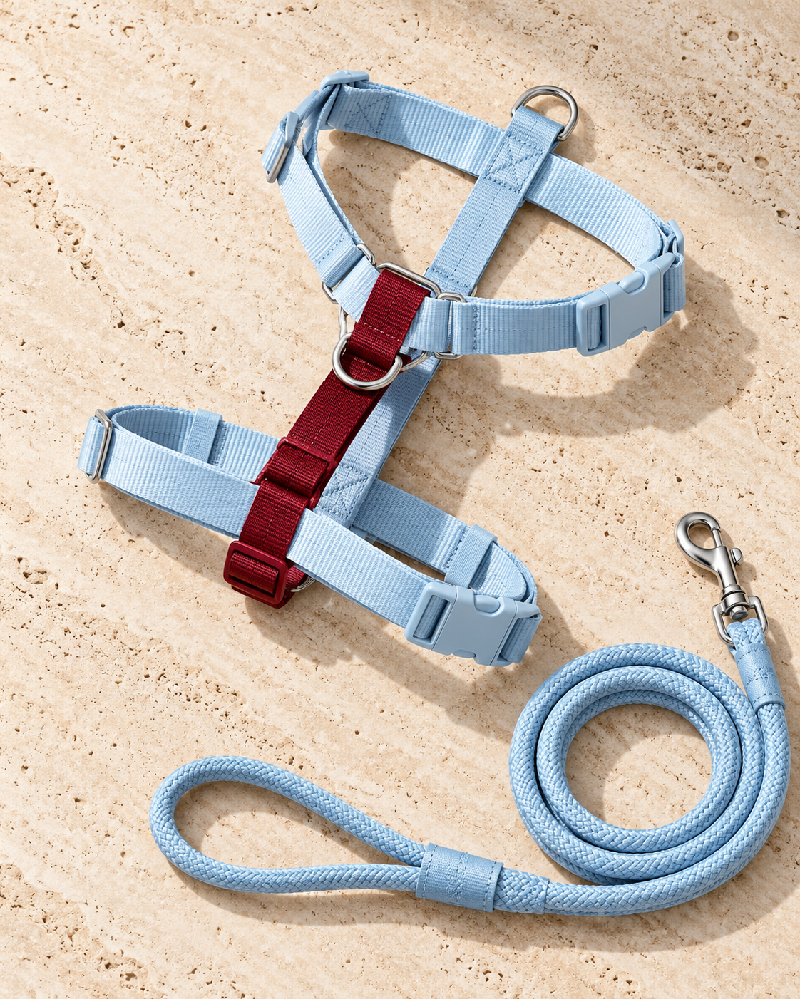 Blue and burgundy quick-fit harness with matching rope leash
