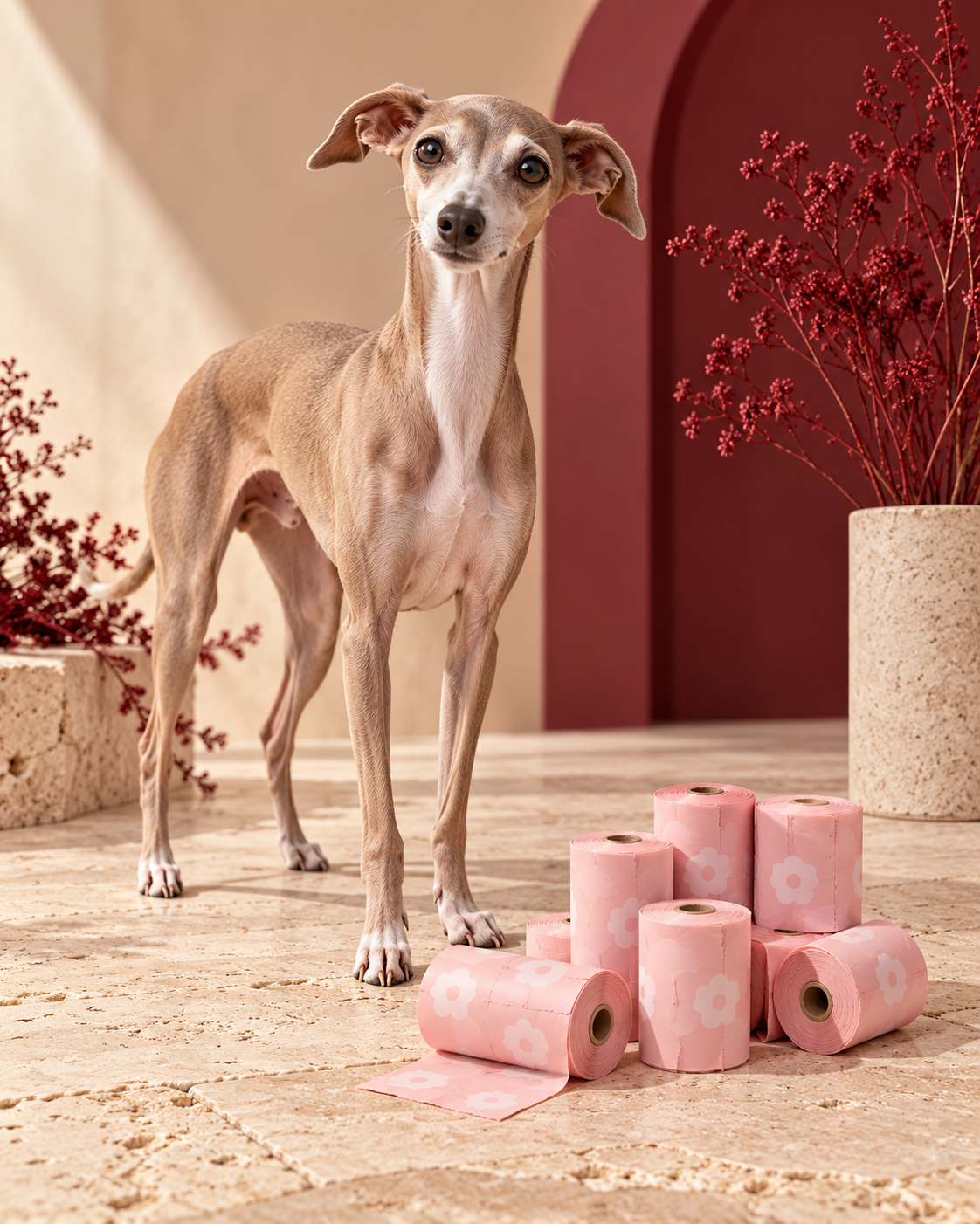 Italian Greyhound with floral dog waste-bag refill rolls