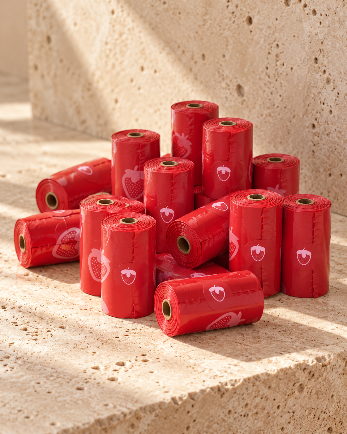 Strawberry dog waste-bag refill rolls