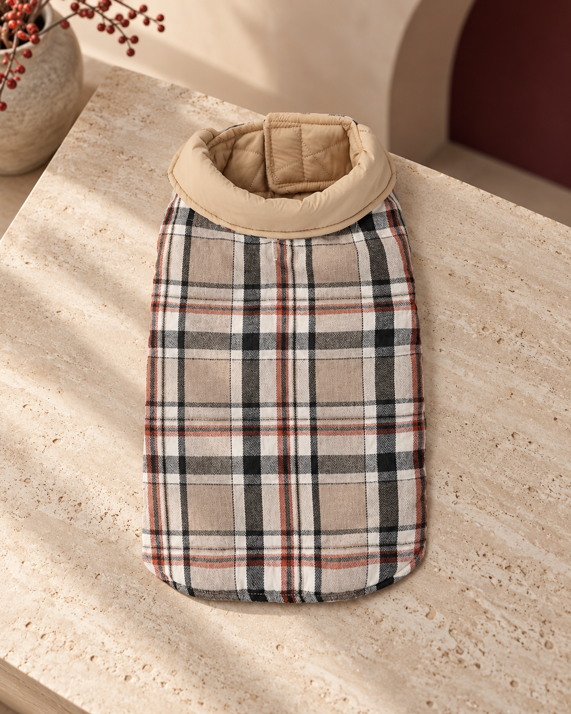 Reversible Plaid Dog Coat, Beige, product-only view
