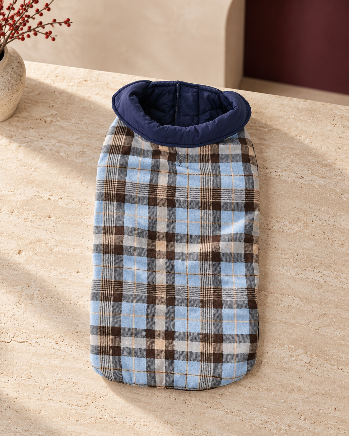 Reversible Plaid Dog Coat, Blue, product-only view