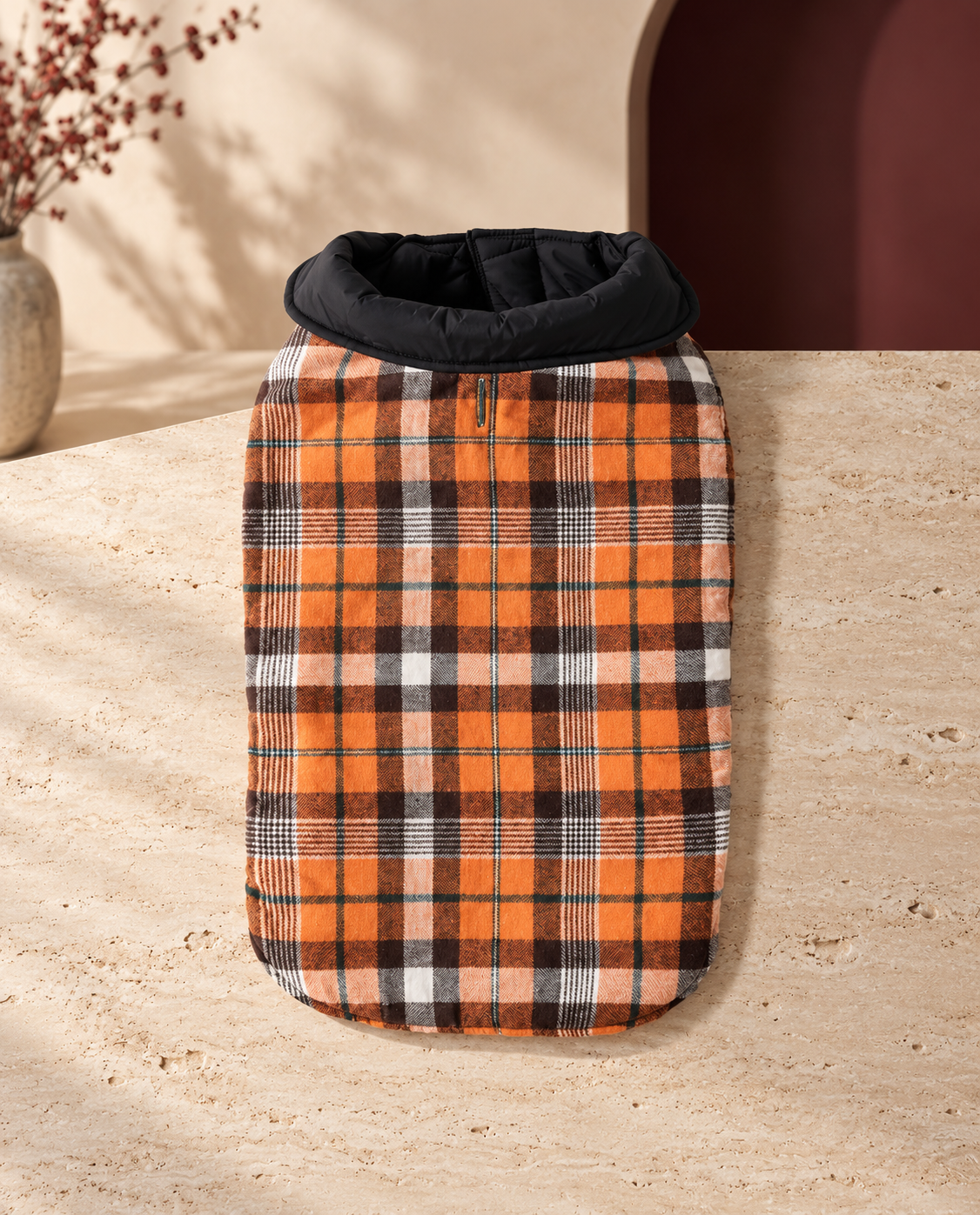 Reversible Plaid Dog Coat, Orange, product-only view