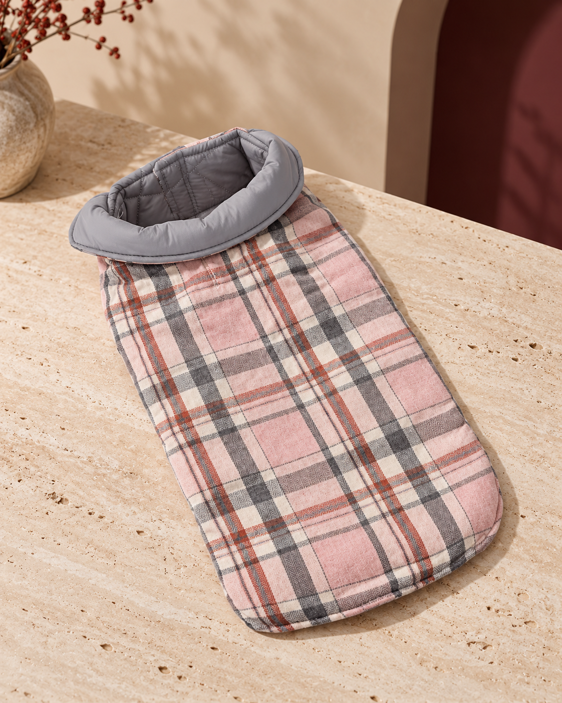 Reversible Plaid Dog Coat, Pink, product-only view