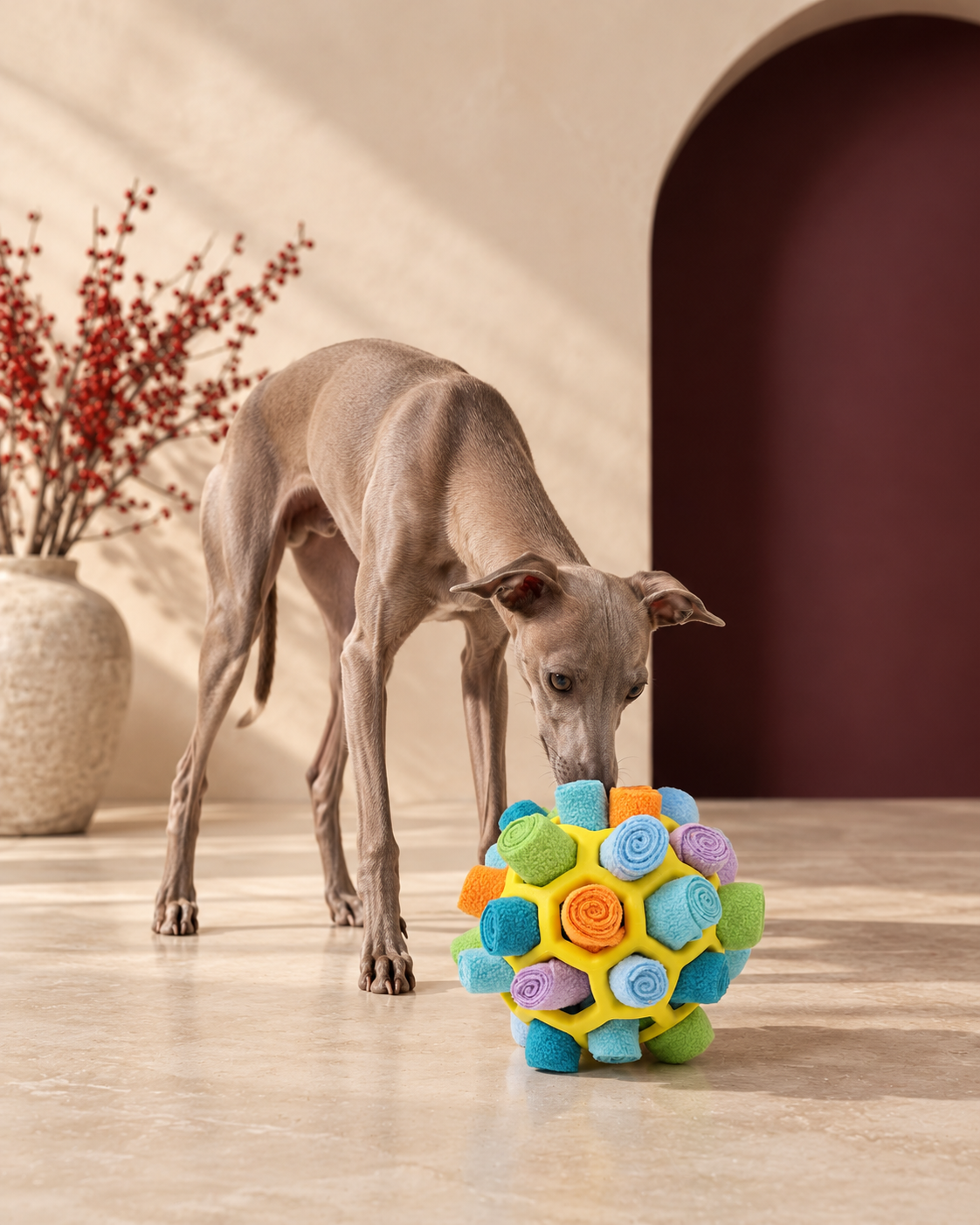 Italian Greyhound sniffing the rolled fleece snuffle ball in mixed colours — assorted