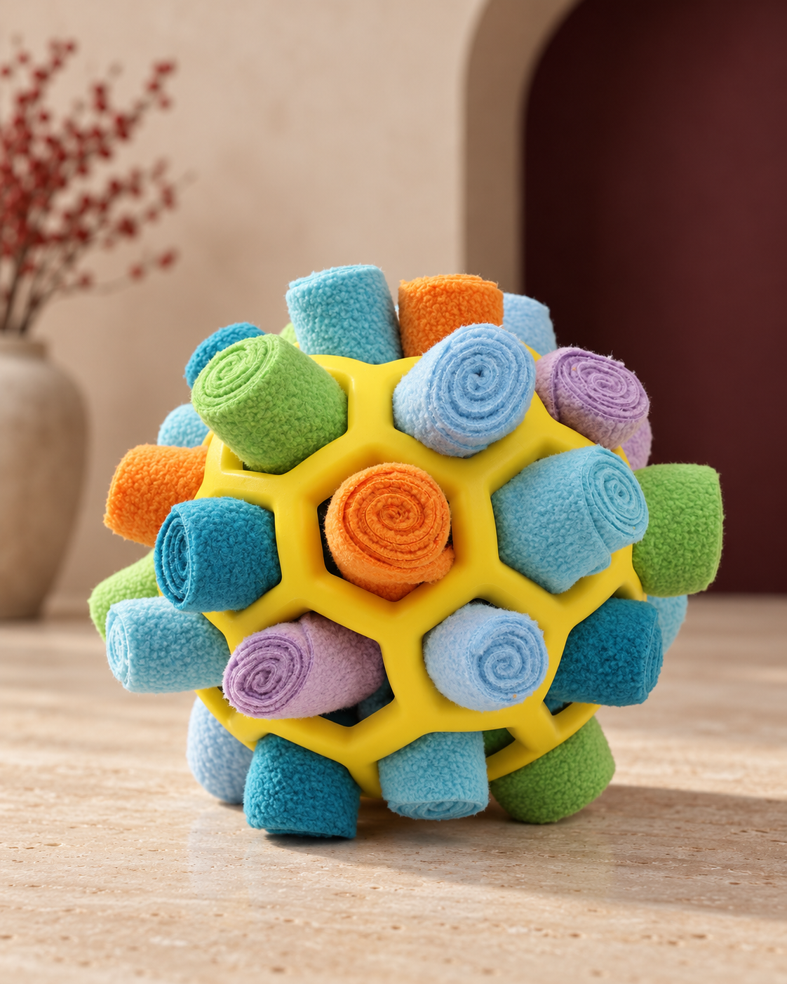 Rolled Fleece Snuffle Ball, Mixed Colours — Assorted, construction close-up