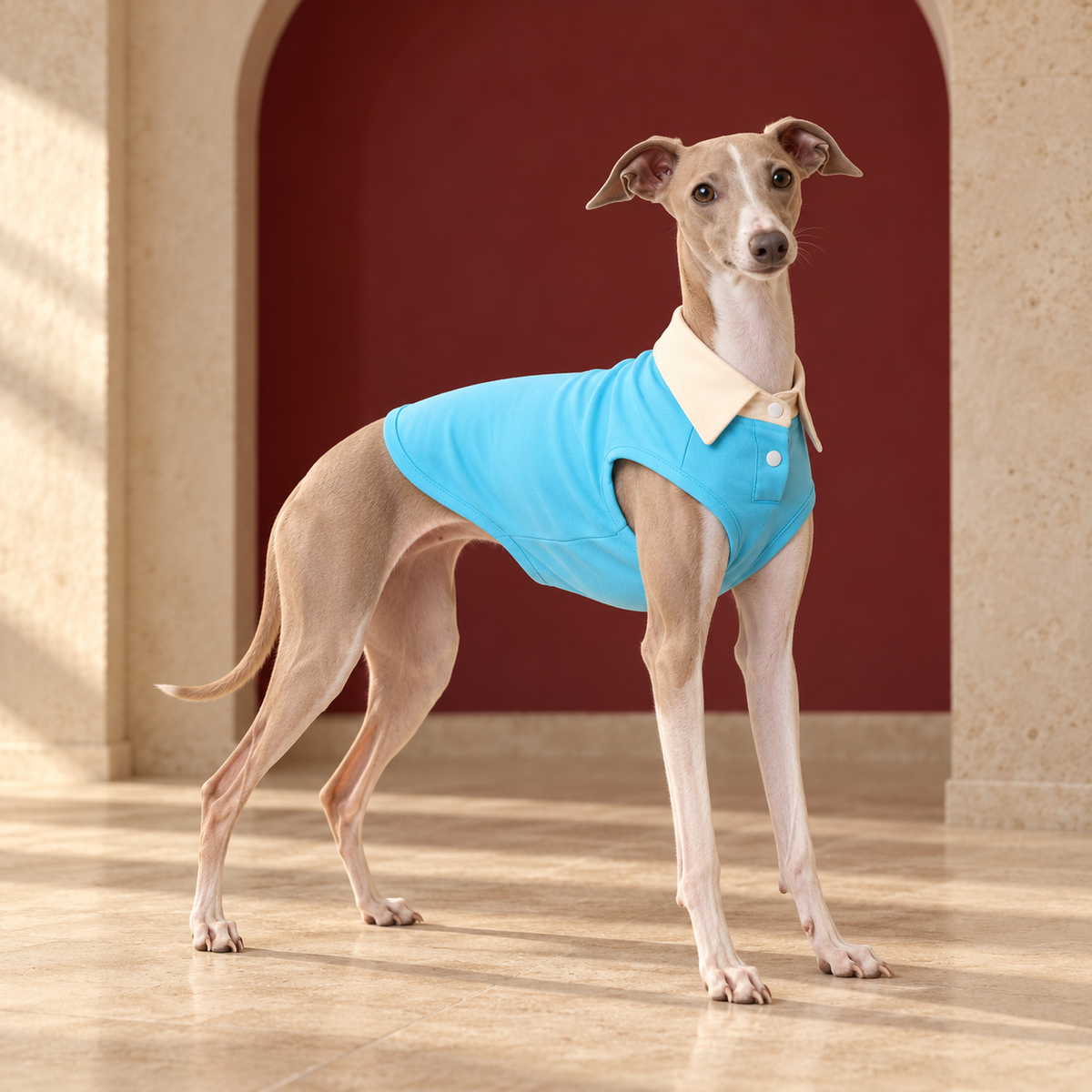Italian Greyhound wearing the sky blue sleeveless polo