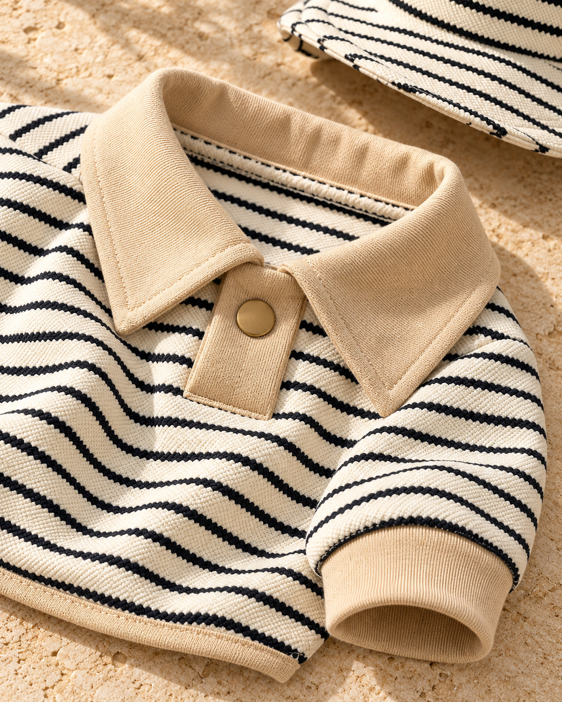 Close-up of the beige polo collar, round snap, cream and black striped cotton fabric and beige sleeve cuff