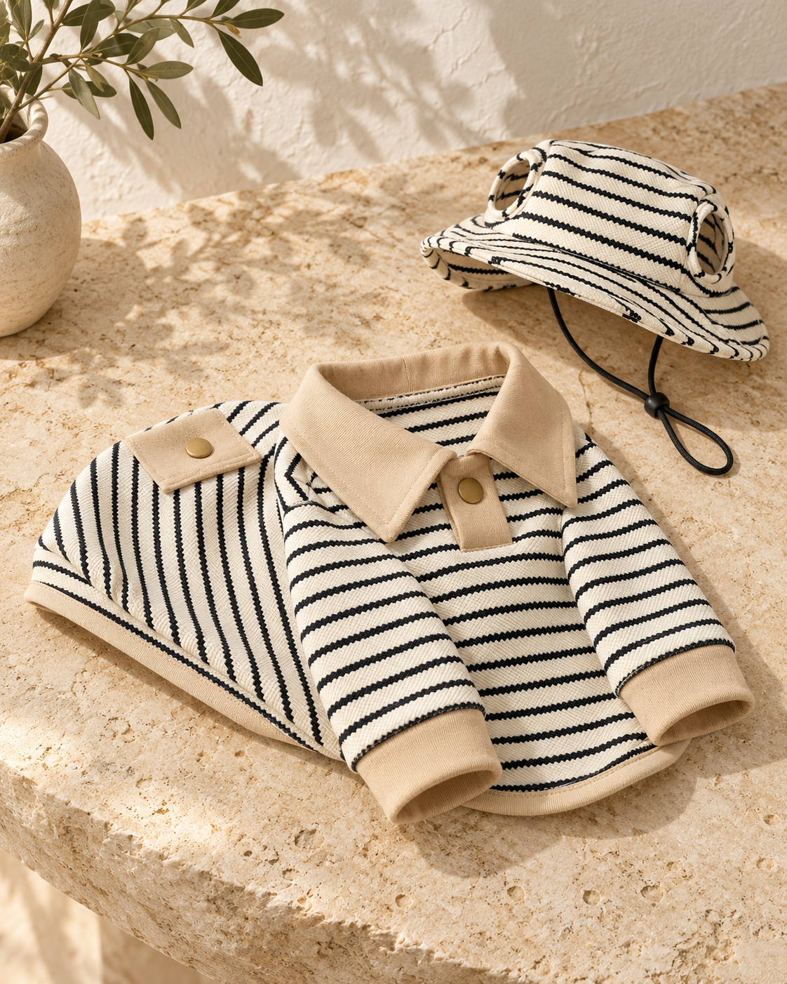 Cream and black striped cotton dog polo and matching bucket hat laid on beige stone, showing collar, sleeves and chin cord