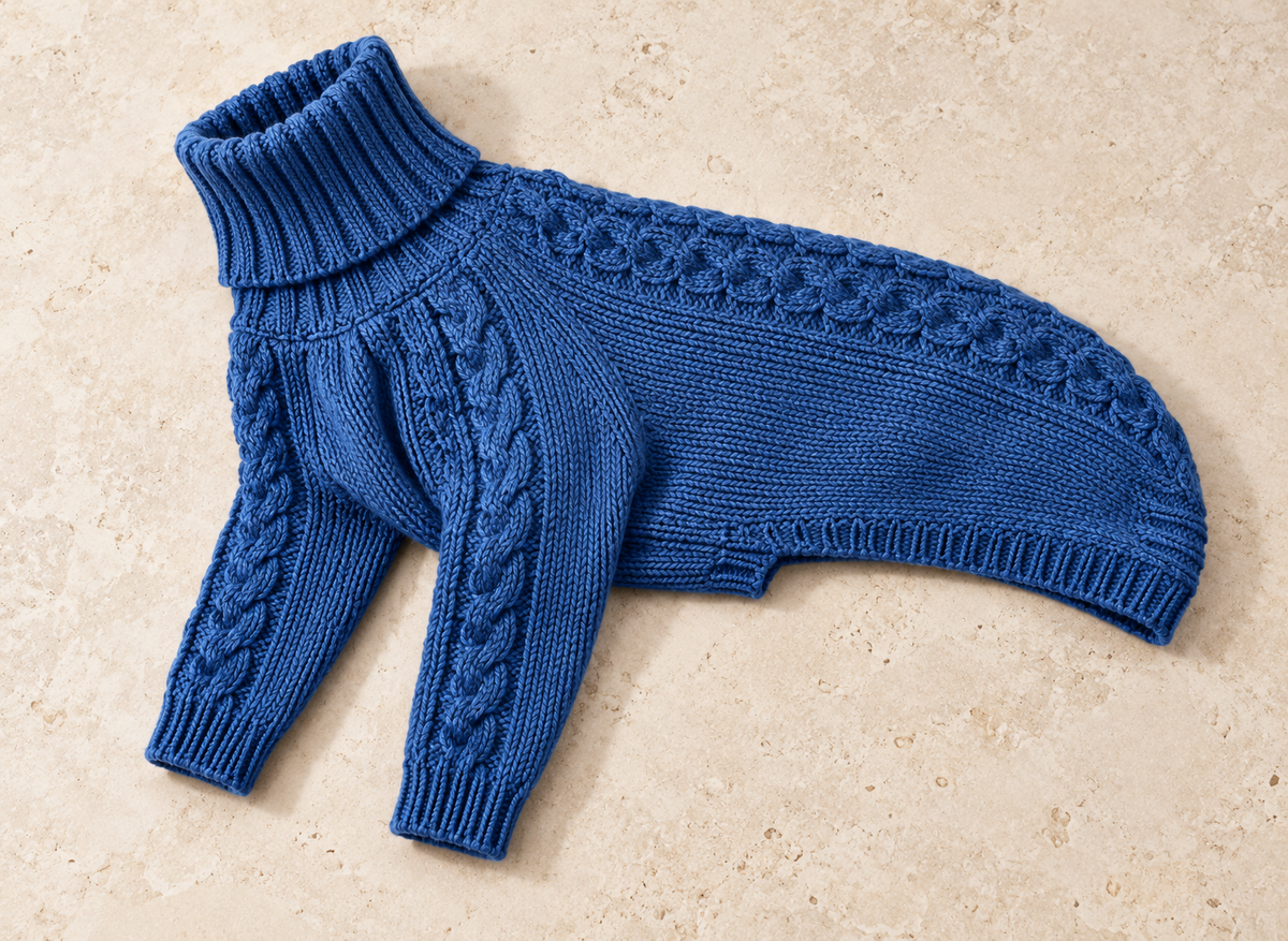 Blue cable knit turtleneck dog sweater with front sleeves
