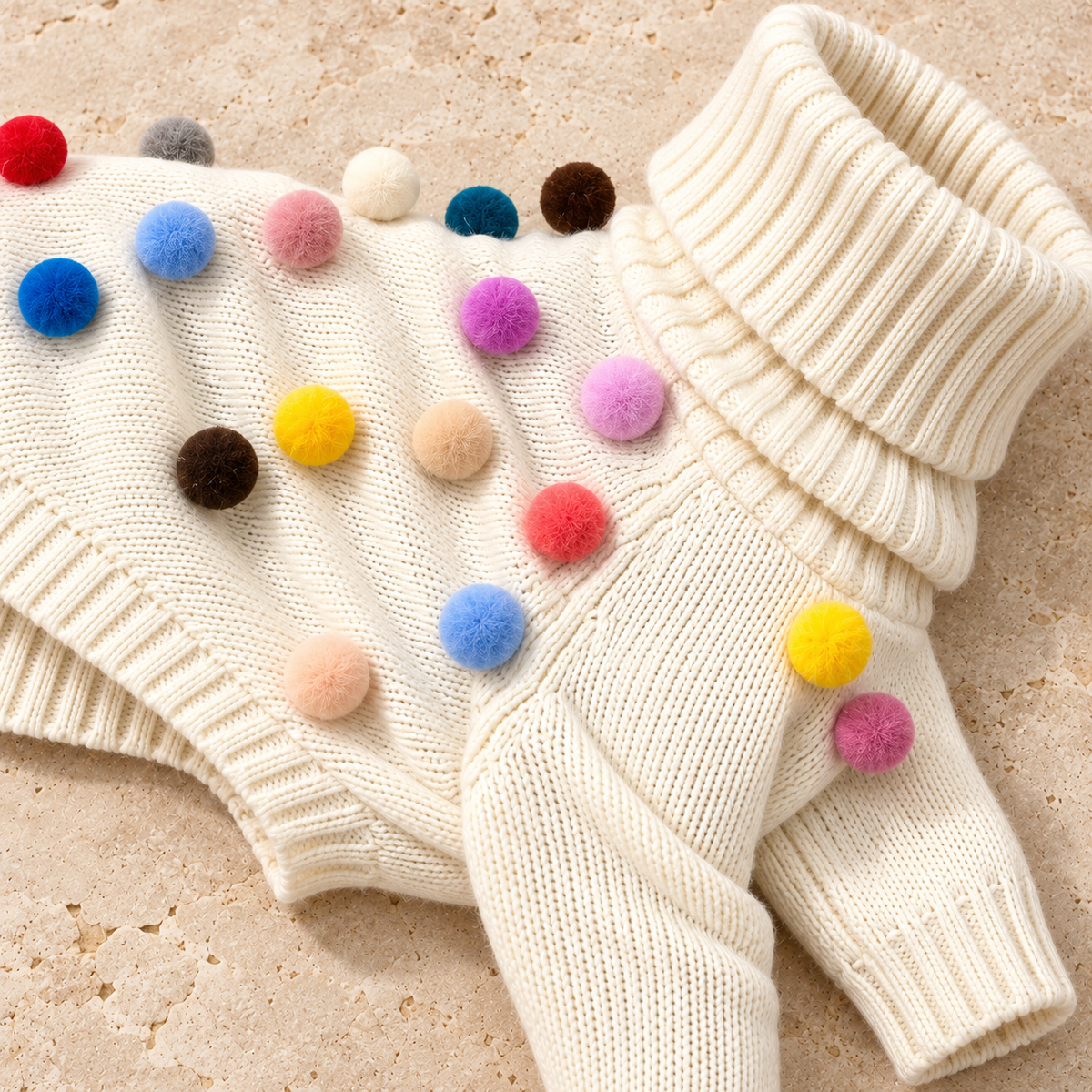 Close-up of the ivory knit, ribbed collar and colourful pom-poms