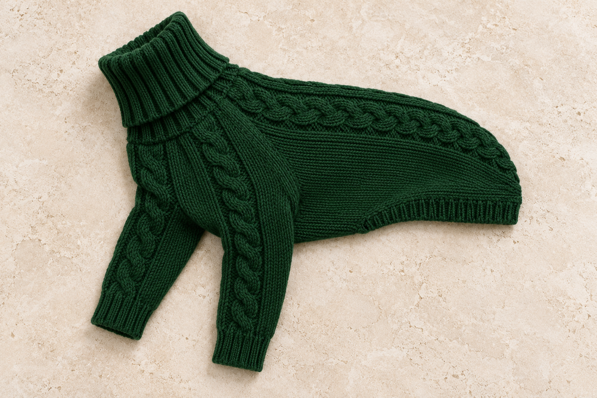 Forest green cable knit turtleneck dog sweater laid flat
