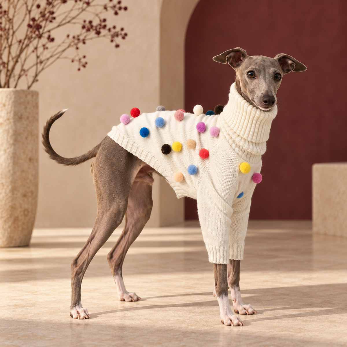Italian Greyhound wearing the ivory pom-pom turtleneck sweater