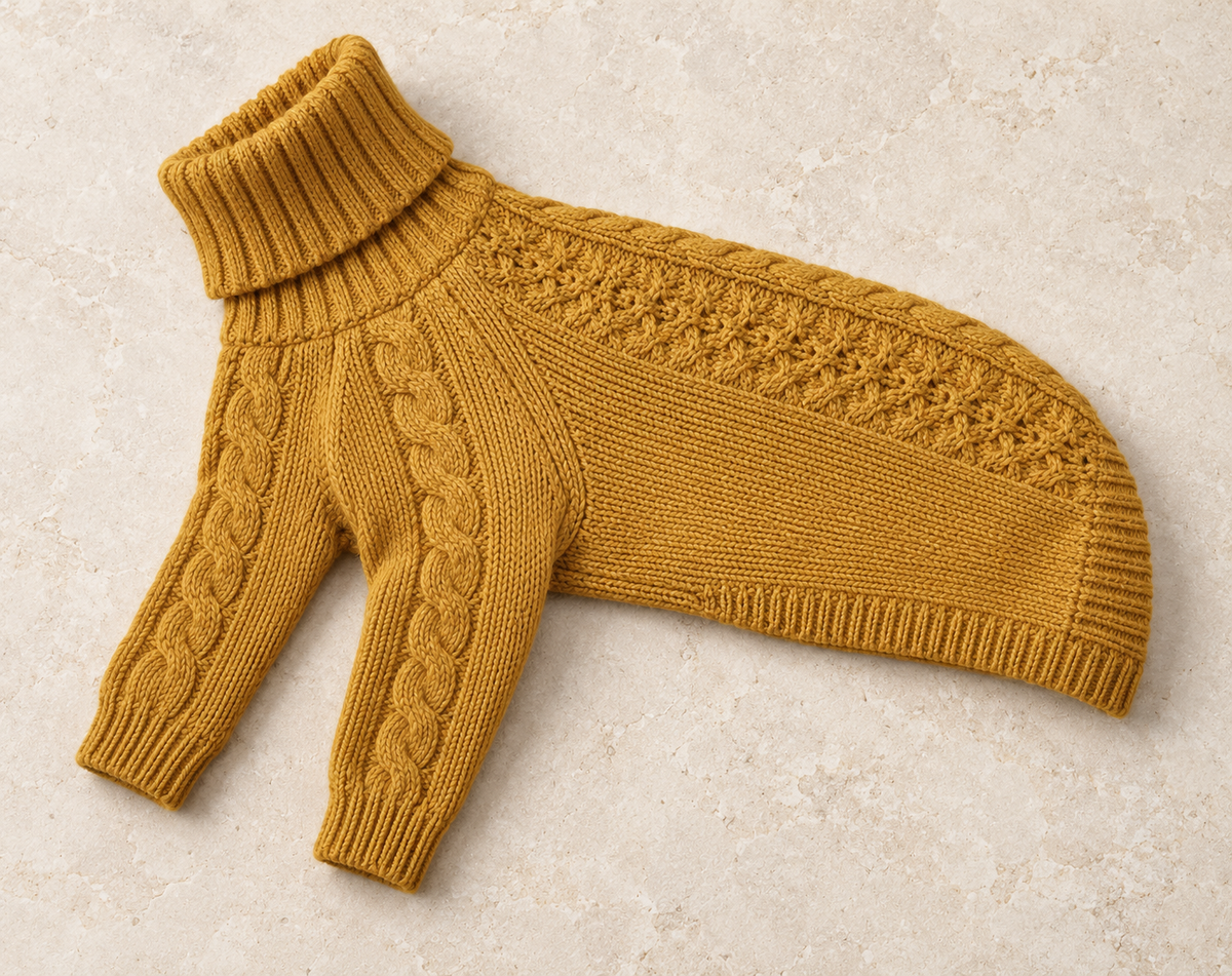Mustard yellow cable knit turtleneck dog sweater