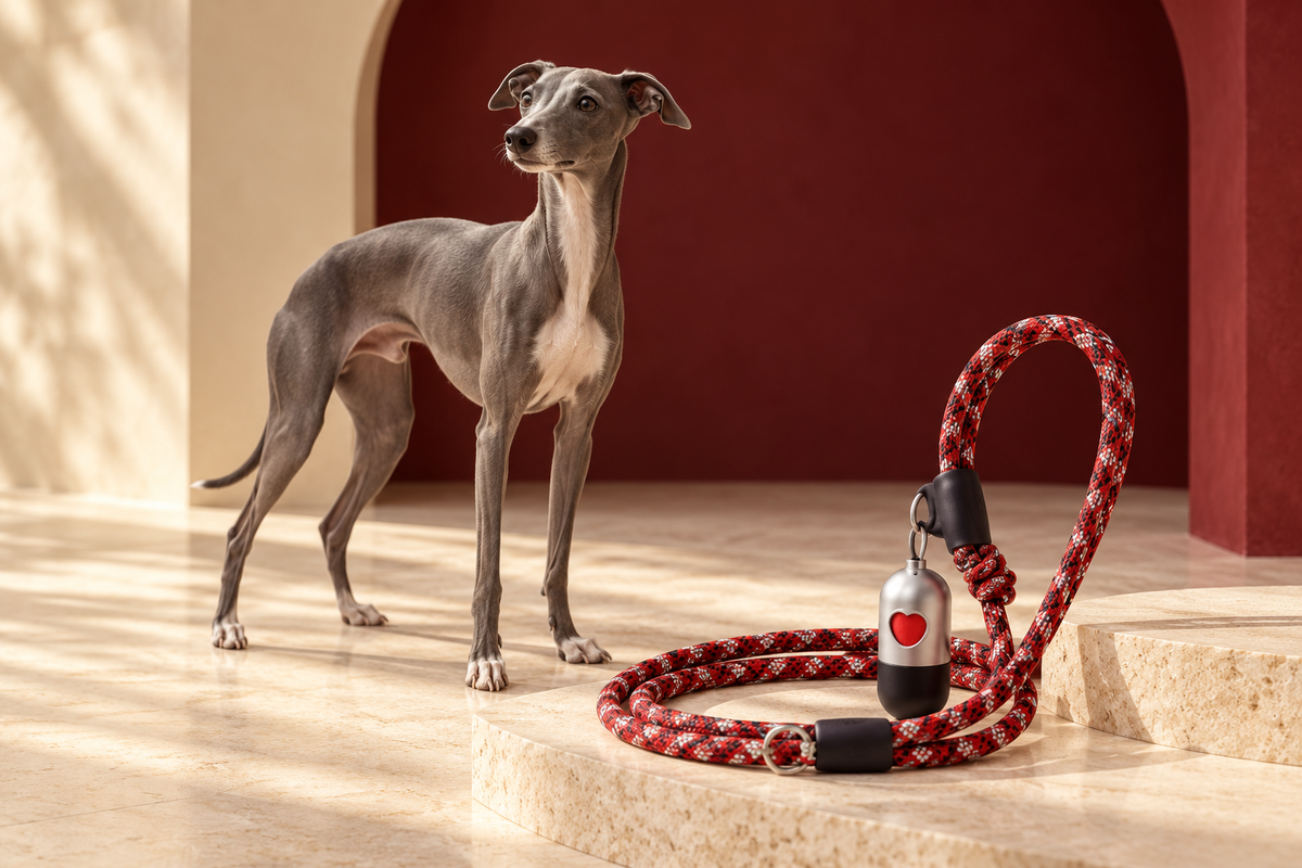 Italian Greyhound beside a red track-pattern rope dog leash