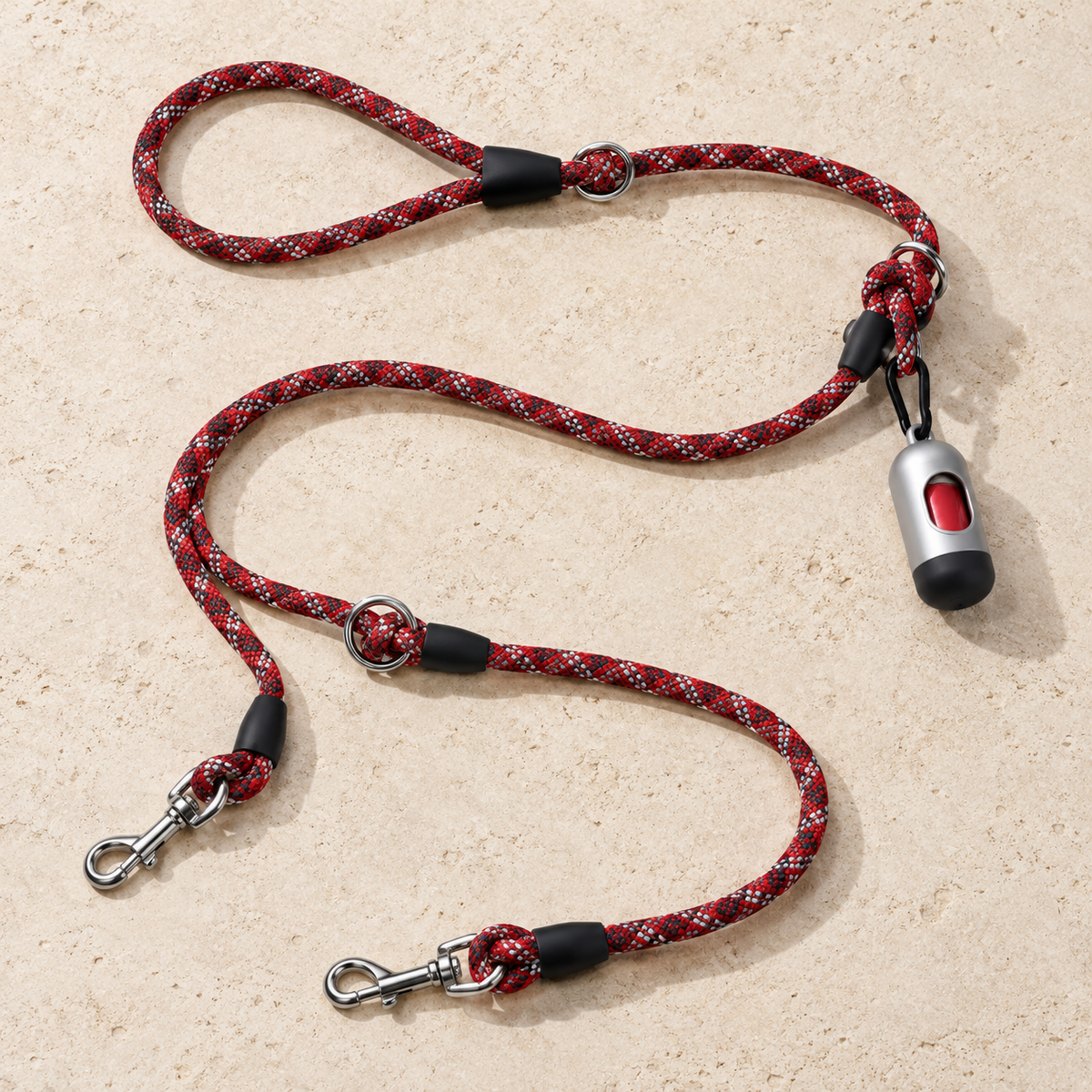 Track-pattern multiway rope dog leash with adjustable rings and waste-bag dispenser