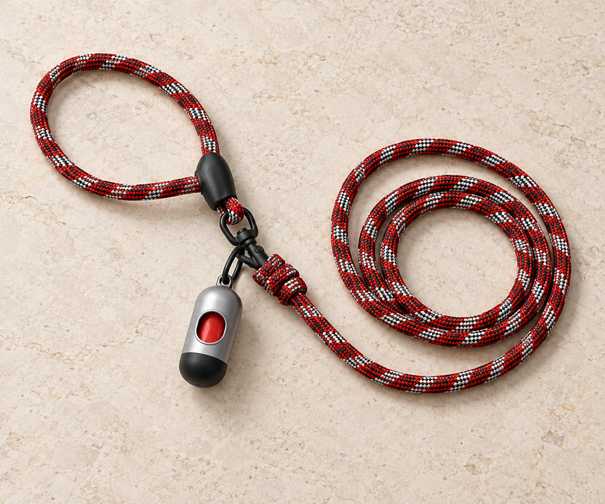 Track-pattern rope dog leash with swivel P-loop and matching waste-bag dispenser