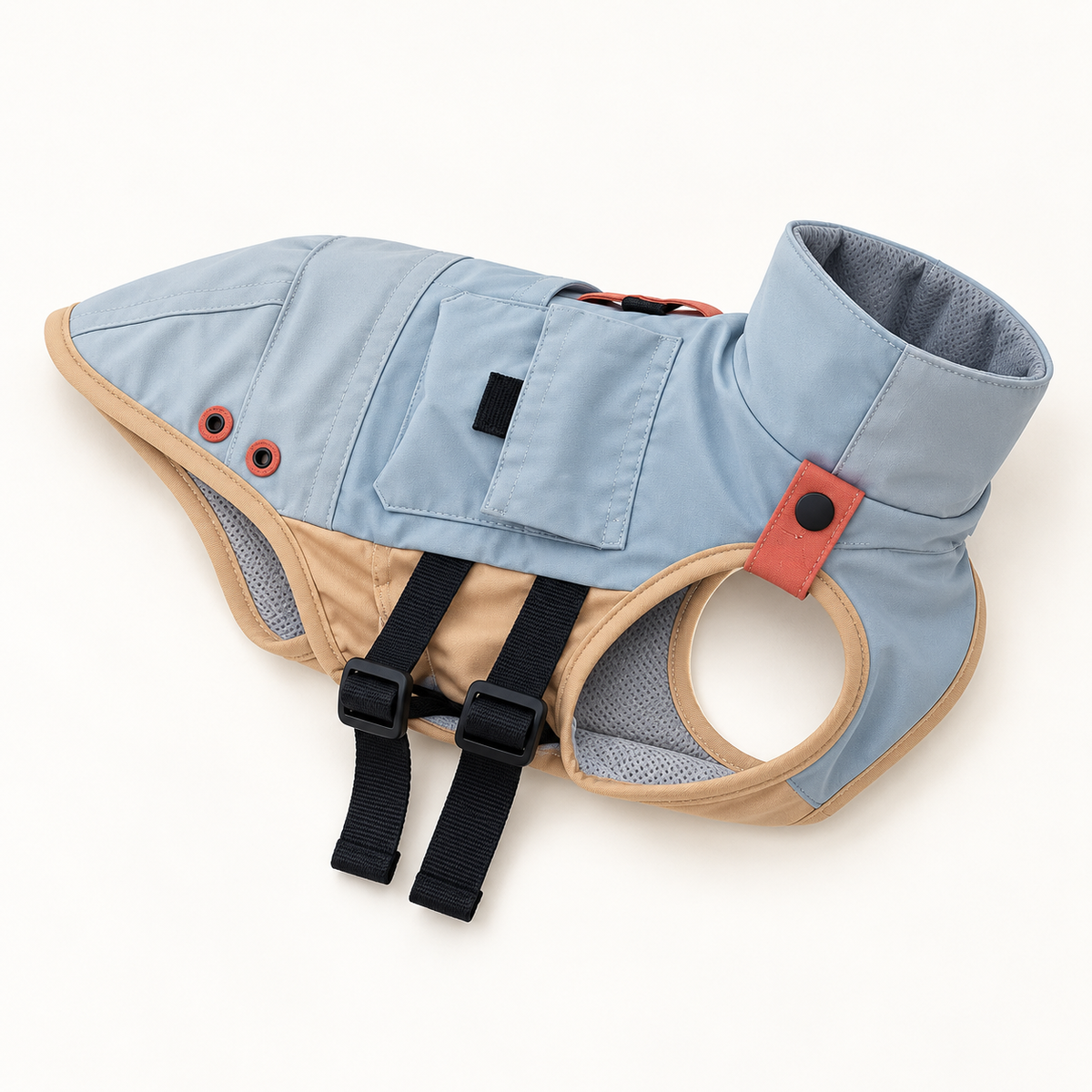Sea-salt blue Italian Greyhound utility vest, close-up of collar and pocket