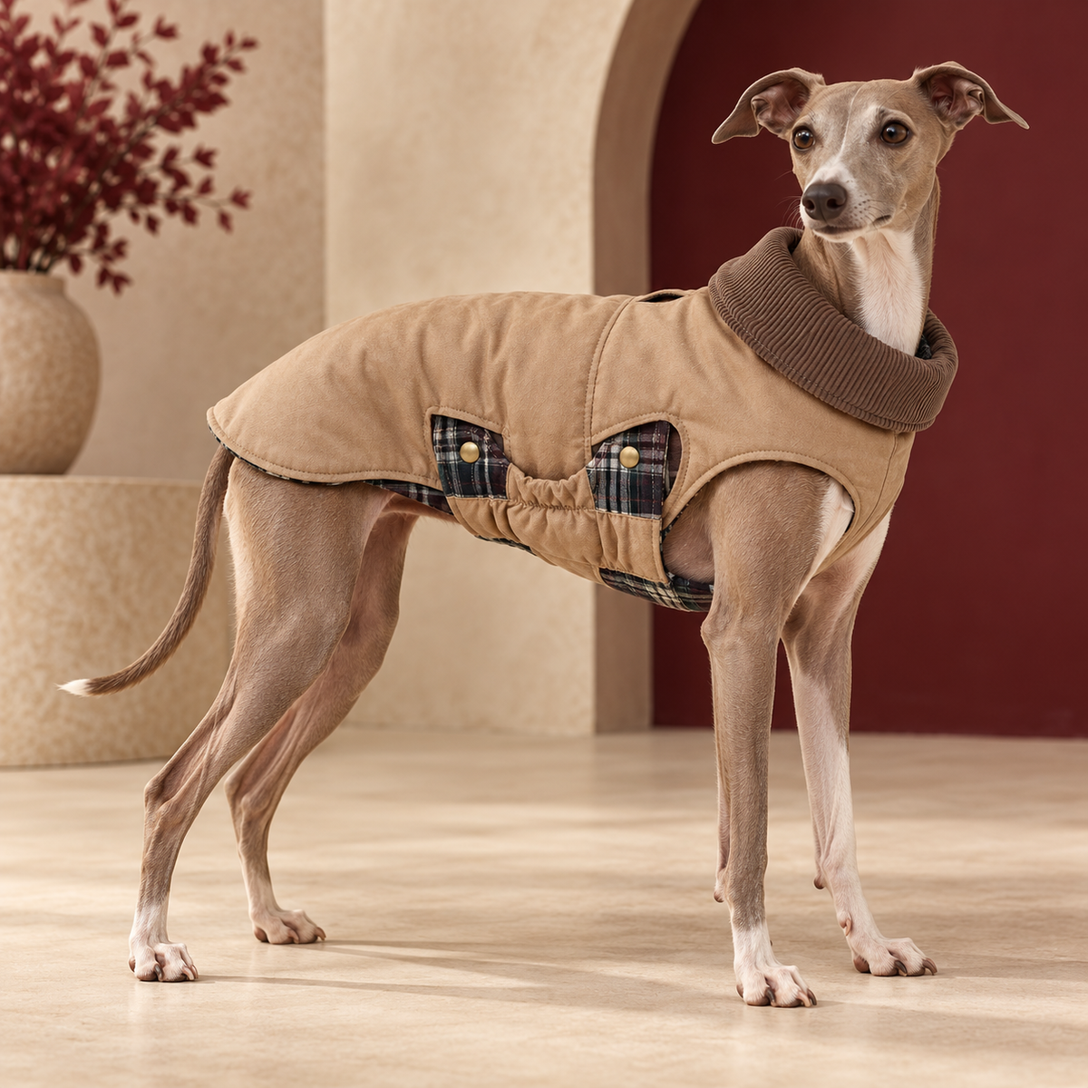 Italian Greyhound wearing Khaki padded vintage dog coat