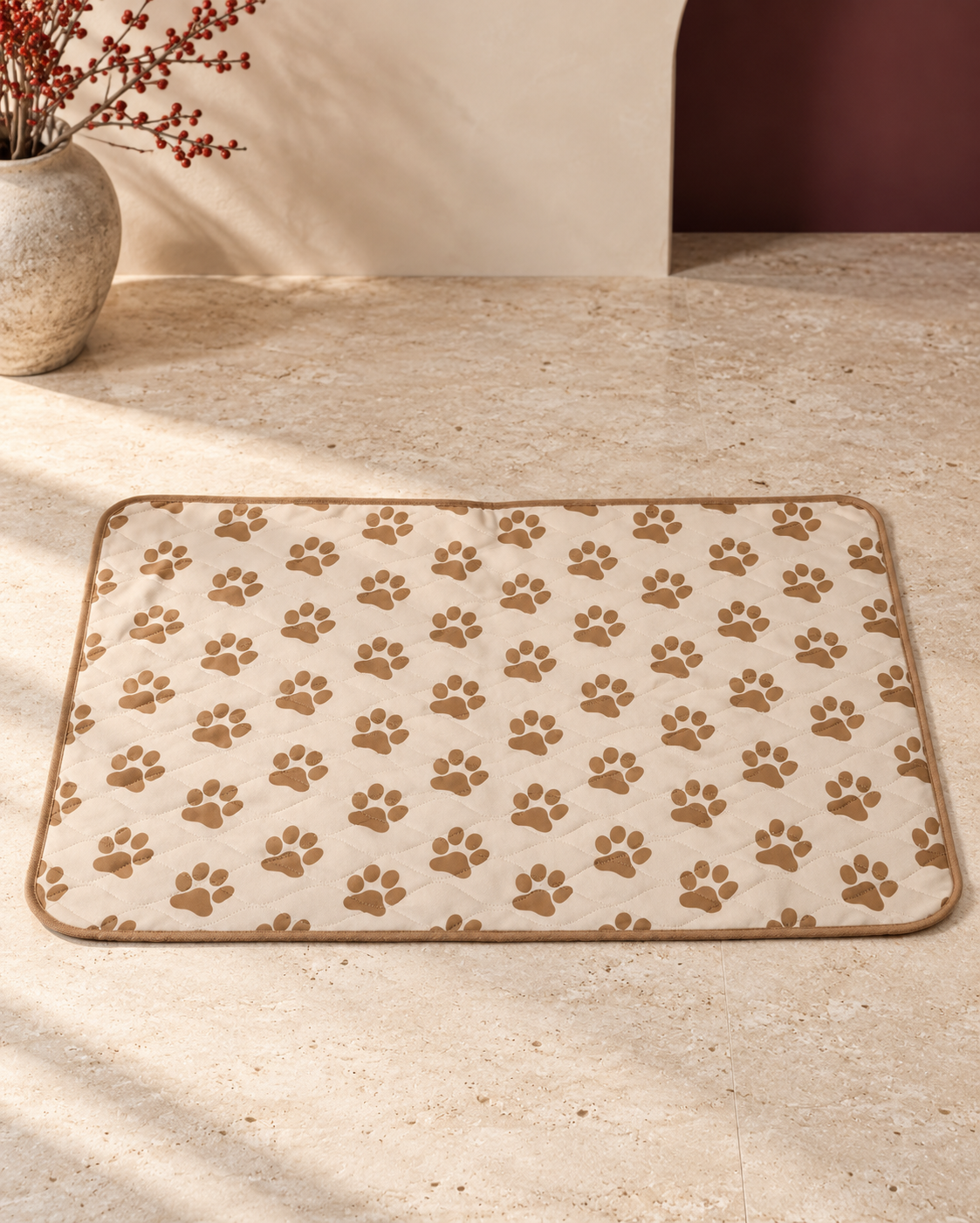 Washable Paw Print Training Pad, Beige, product-only view