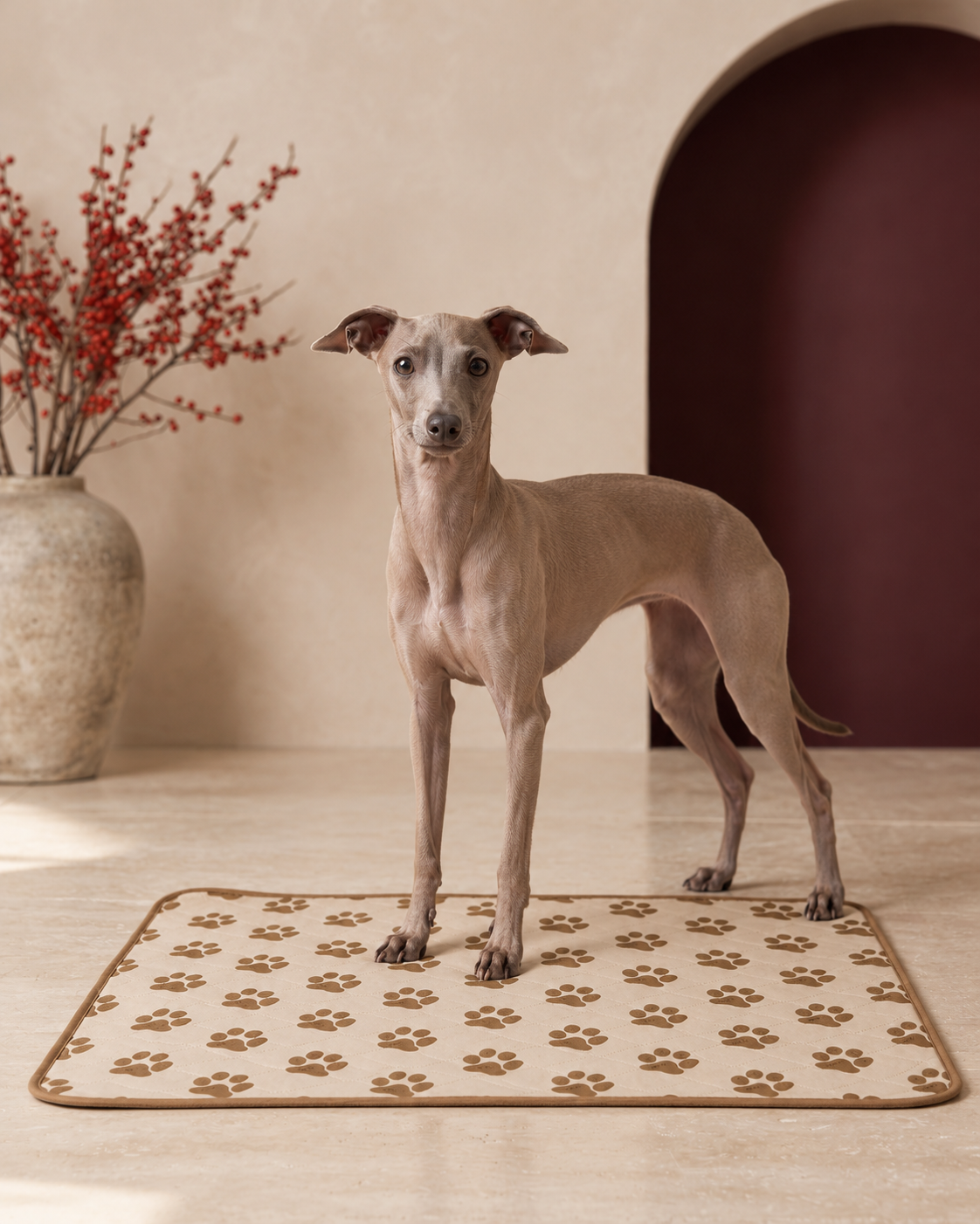 Italian Greyhound standing on the washable paw print training pad, Beige