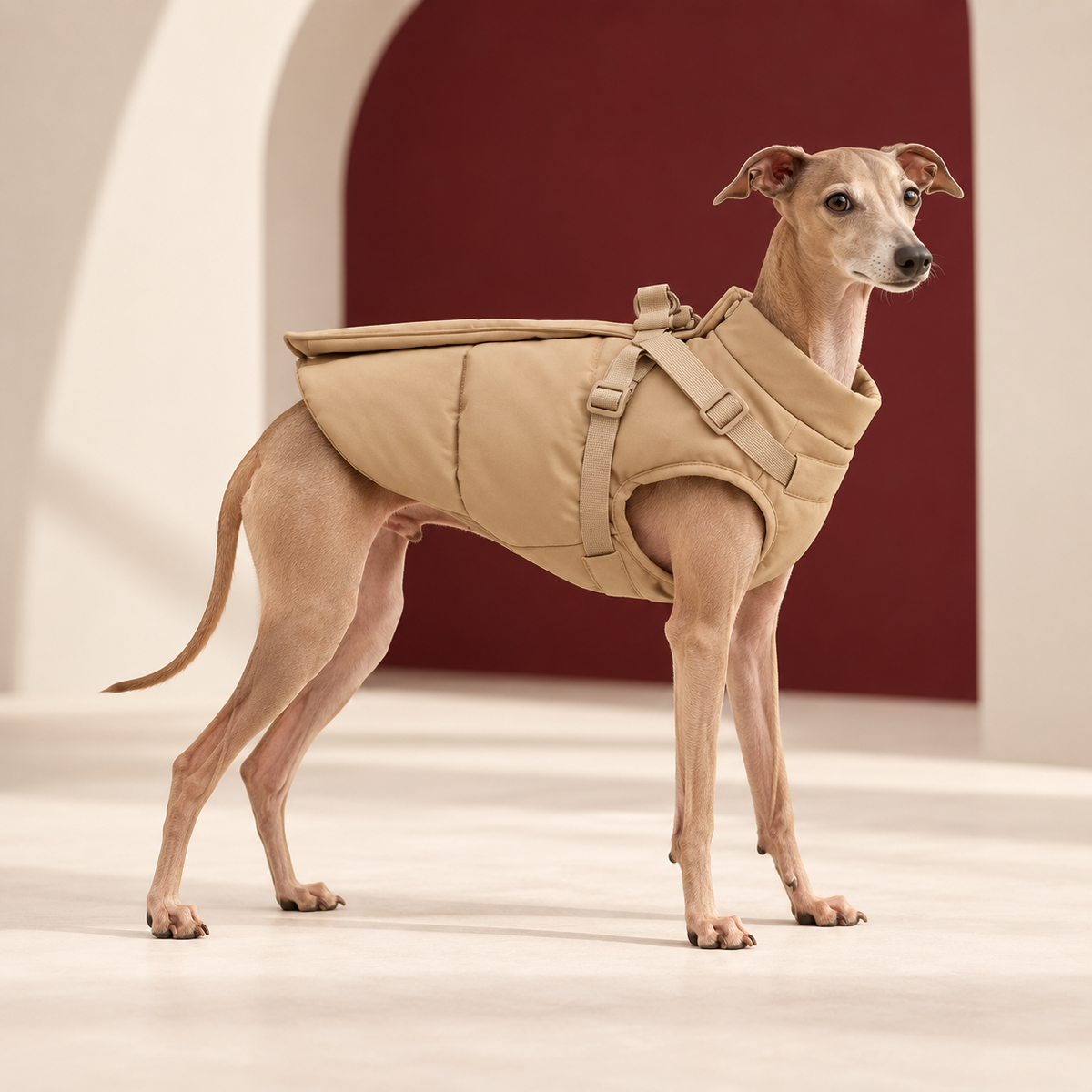 Italian Greyhound wearing sand-beige padded winter coat with integrated harness