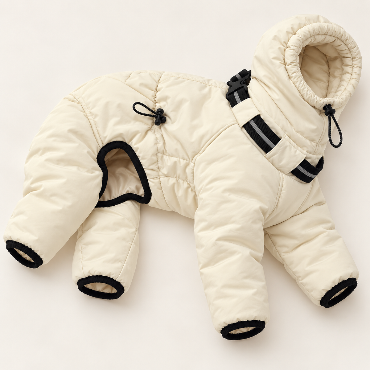 Cream padded four-leg winter suit construction detail