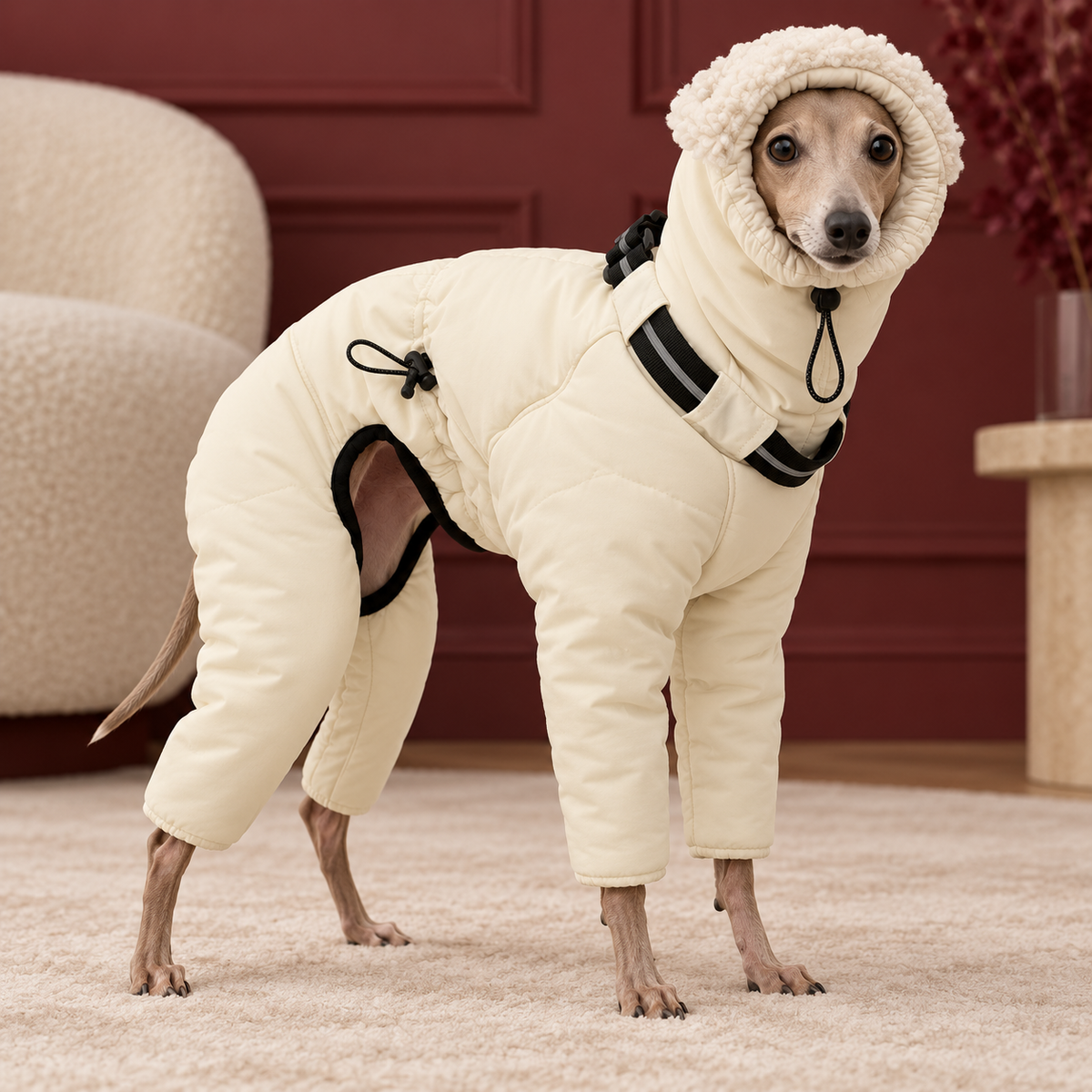 Italian Greyhound wearing cream padded four-leg winter suit