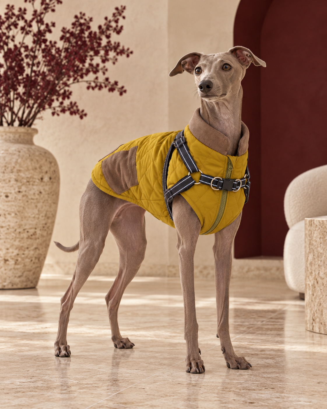 Italian Greyhound wearing the yellow quilted winter harness jacket