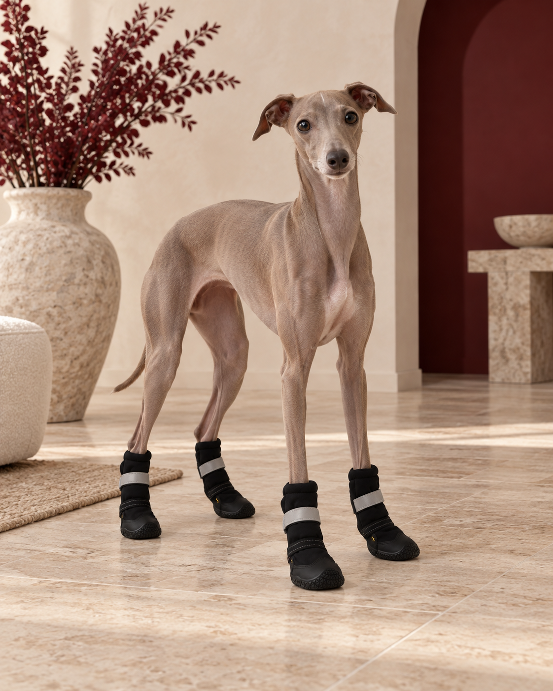 Italian Greyhound wearing four black high-top reflective dog boots