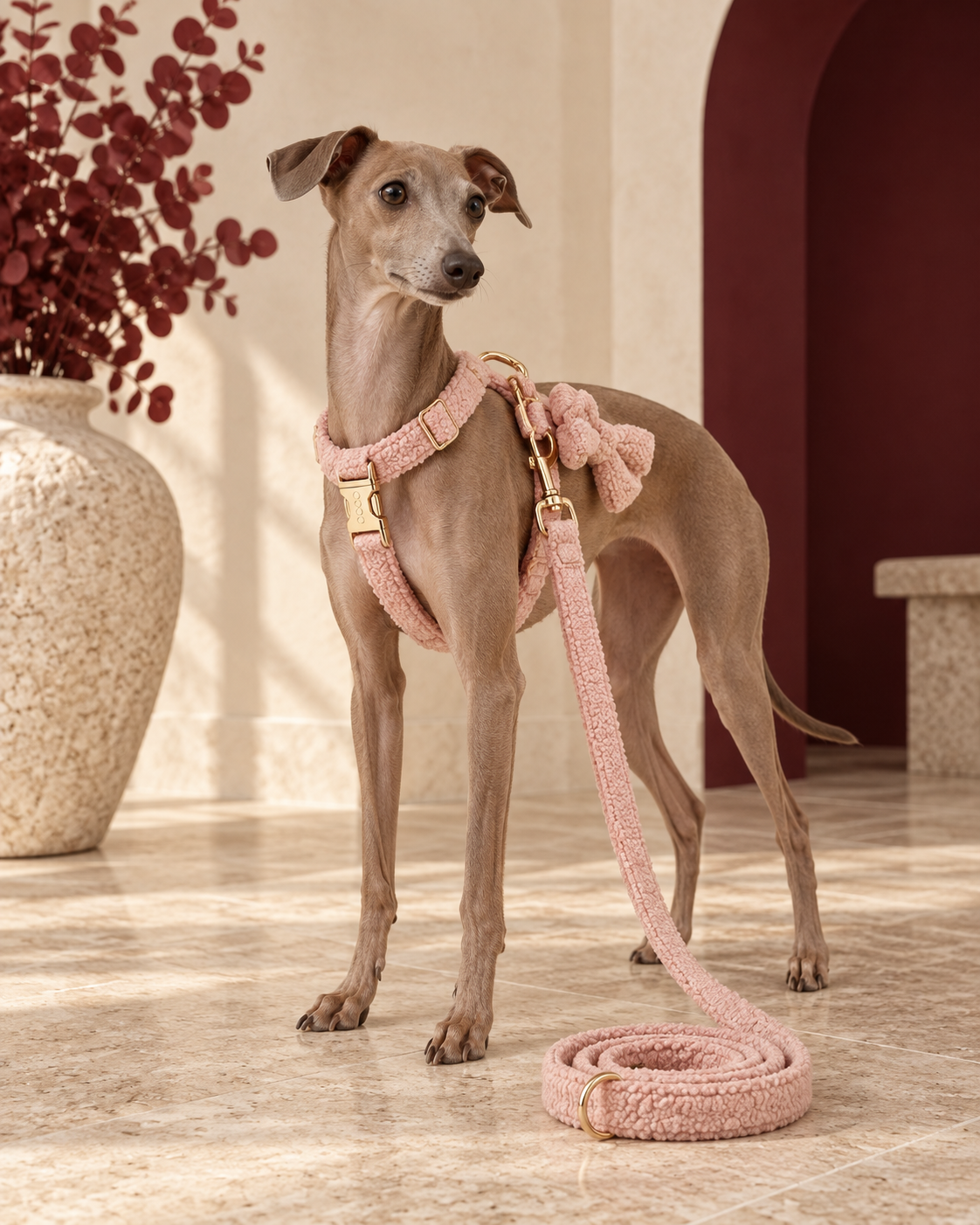 Italian Greyhound wearing the pink plush harness and leash